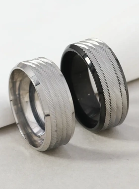 新品不锈钢戒指男士 时尚8mm四组批花斜纹戒指欧美流行手饰品