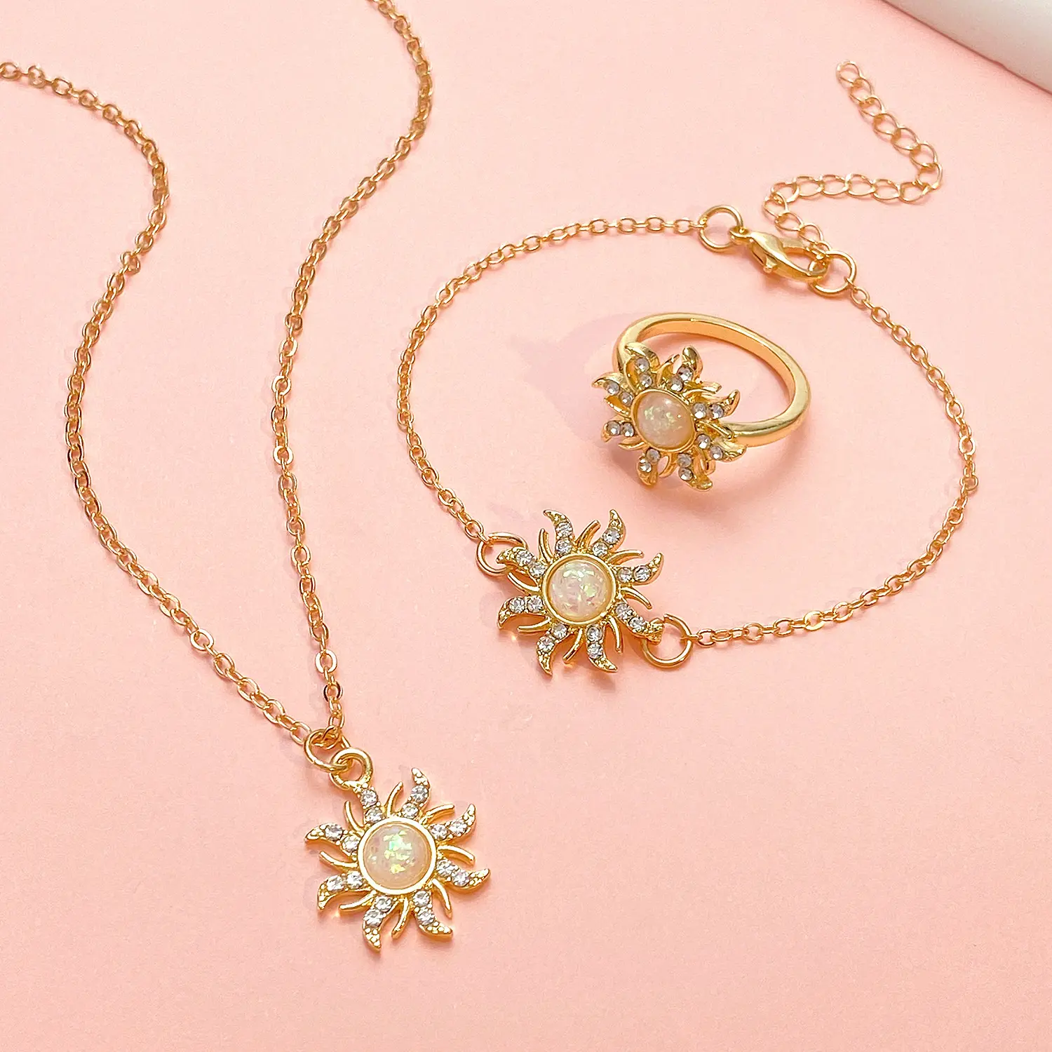 欧美ins复古多巴胺公主蛋白石吊坠项链手链戒指首饰套装