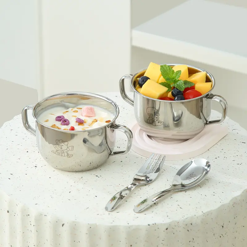 304不锈钢少儿碗家用防摔辅食碗卡通带手柄碗双耳碗带叉勺少儿碗