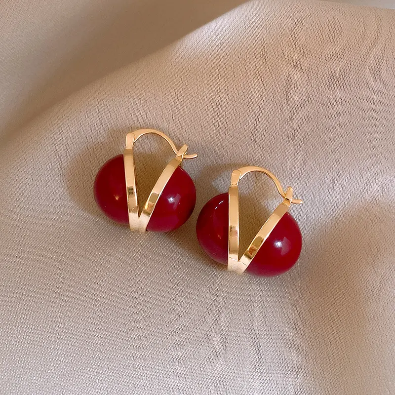 银针双面镶钻拉红色耳环气质百搭耳扣法式轻奢高级感耳饰