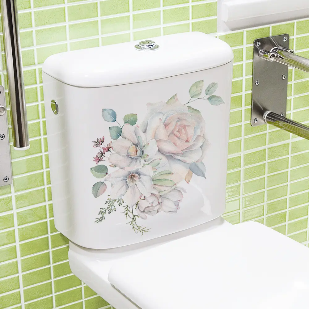 尚易w24001花卉浴室装饰墙贴可移pv防水自粘马桶贴temu