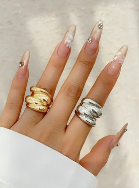 欧美夸张法式金属质感光面戒指女简约结双指指环ring