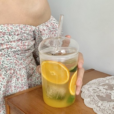 玻璃吸管杯创意带盖透明大容量水杯in果汁杯韩版带吸管杯子