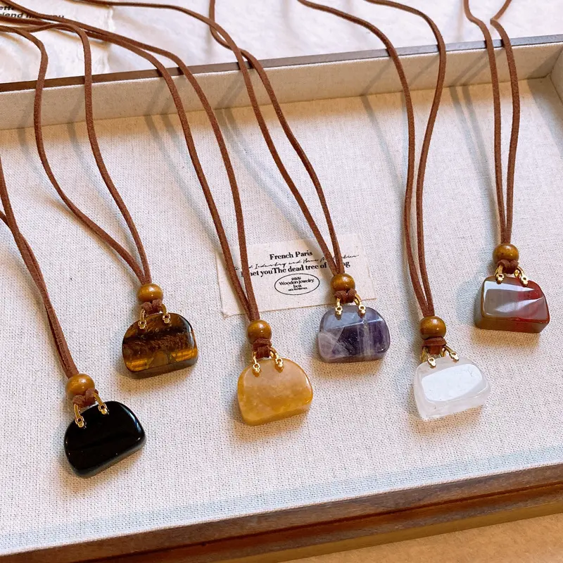 韩国绒绳彩色人造虎眼石包包项链小众设计感毛衣链复古高级感项饰