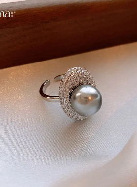 法式轻奢锆石灰色珍珠开口戒指个性百搭食指戒指环高级感手饰