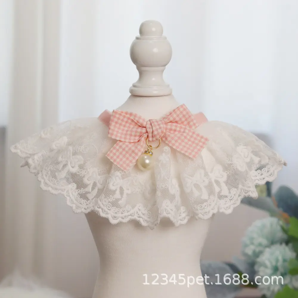 宠物围嘴口水巾 蕾丝围嘴 狗狗猫咪蕾丝脖圈项圈 清新格子口水巾