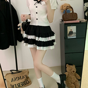 半身裙女夏季 实拍 JK原宿风学生高腰蕾丝荷叶边仙女蛋糕百褶短裙