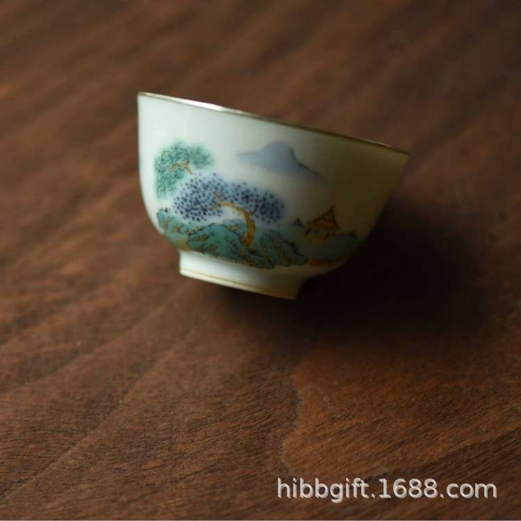 云由山坊粉彩桃喜银口主人杯青绿山水品茗杯南田桃花杯手绘品茶杯