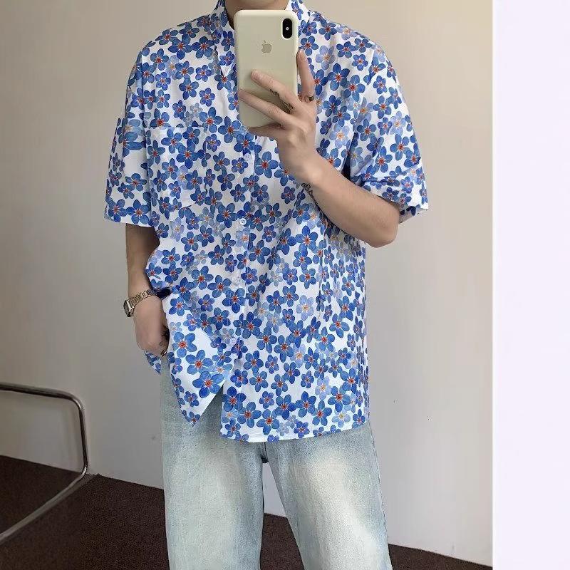 高端正品夏季小碎花短袖衬衫男款个性海边沙滩休闲薄款衬衣潮流半
