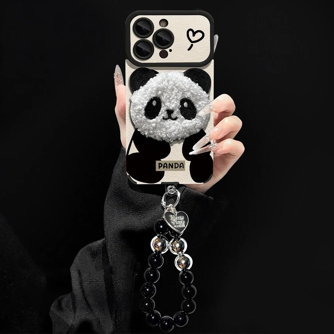 大视窗皮质可爱熊猫适用苹果17手机壳iPhone17promax新款16可爱15毛绒14秋冬13女12超火11皮质plus全包高级感