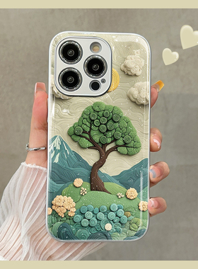 绿色玫瑰山川适用苹果16手机壳新款iPhone16promax超好看15pro全包14plus小众高级感13女12pm防摔11保护套外