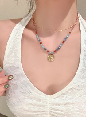 多巴胺天然石玛瑙串珠钛钢项链配饰女轻奢小众高级感锁骨链颈链