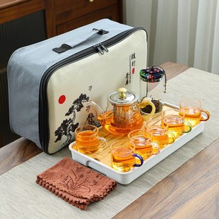 耐高温便携式 户外车载茶具 旅行玻璃茶具家用套装 家用茶盘礼品套装