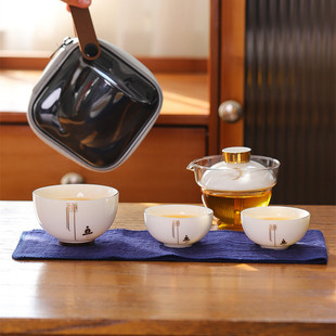 功夫旅行茶具快客杯户外随身收纳包一壶三杯羊脂玉瓷泡茶套 可携式