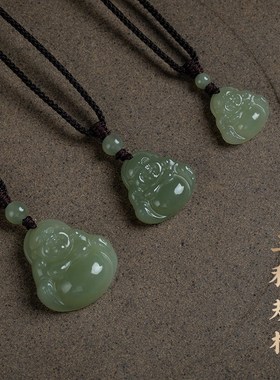一兴保真天然和田青玉弥勒佛吊坠女玉坠项链小佛公玉石玉佩挂件