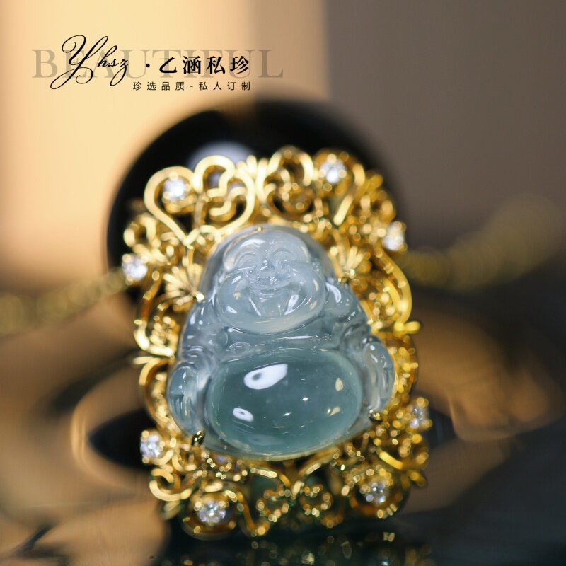 乙涵私珍18k金镶钻石天然冰种蓝水飘花翡翠佛公吊坠玉佛金镶玉坠