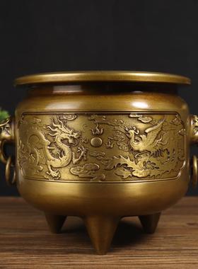 古玩铜器收藏 苏工黄铜高坛环耳三足香炉 家居装饰创意礼品工艺品