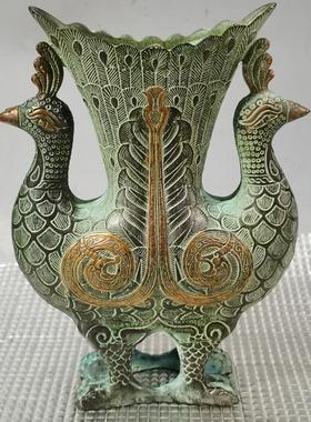 仿古青铜孔雀花鸟双凤尊瓶花瓶居家客厅办公室桌面工艺品摆件