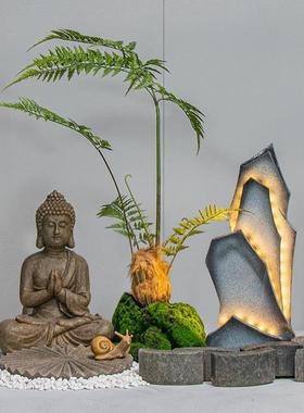 新中式室内景观楼梯下造景绿植玄关店铺橱窗装饰场景布置摆件