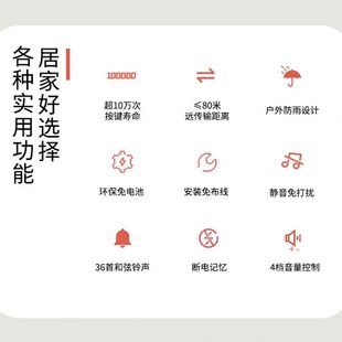 距离远电门铃铃超发免遥控电子零叮一拖二呼叫家用呼叫器插自无线