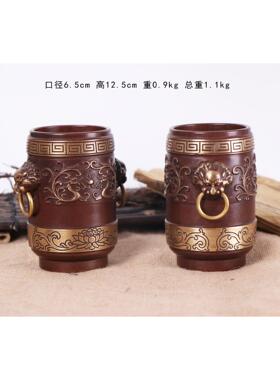 杨铜记 复古桌面办公摆件铜笔筒狮头莲花笔筒 铜笔筒