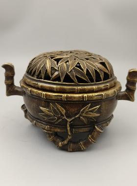古玩铜器收藏铜摆件 竹报平安竹节铜熏香炉家居装饰创意礼品工艺