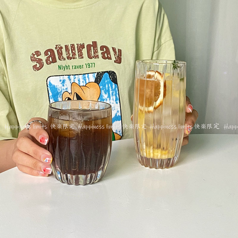 韩国小众ins风竖条纹玻璃杯冰拿铁咖啡杯泡泡果汁杯气泡水饮品杯