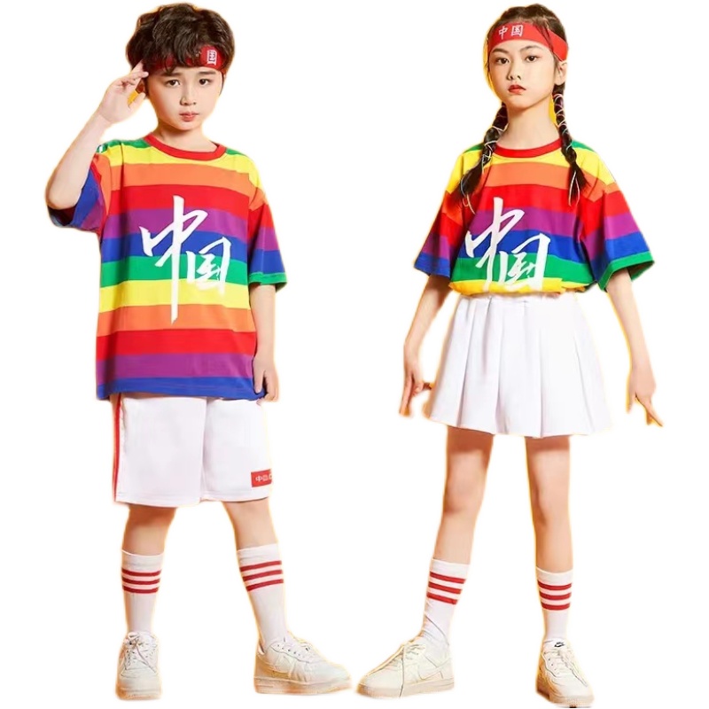 纯棉亲子装彩虹条纹短袖T恤学生班服国庆表演校运会家庭出游上衣