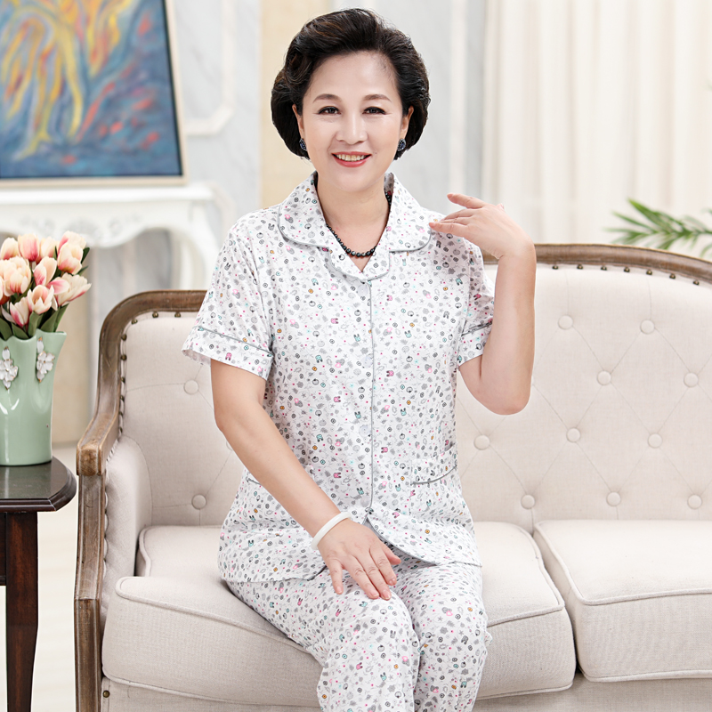 中老年妈妈睡衣女夏薄款纯棉短袖长裤开衫大码老人全棉家居服套装