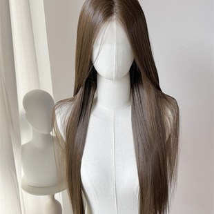 茶棕桦棕色中分cos手钩前额蕾丝假发毛胚古风古装通用广陵王75cm