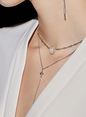 双层星星月亮叠戴项链女款轻奢v领流苏氛围感锁骨链高级甜酷颈链