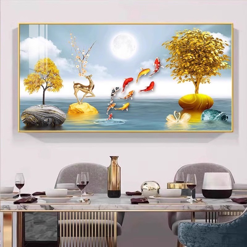 招财九鱼图餐厅装饰画轻奢现代饭厅饭店挂画酒杯新中式餐桌墙壁画图片