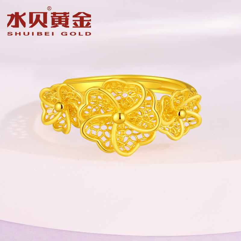 水贝黄金三生花丝戒指女素圈礼物