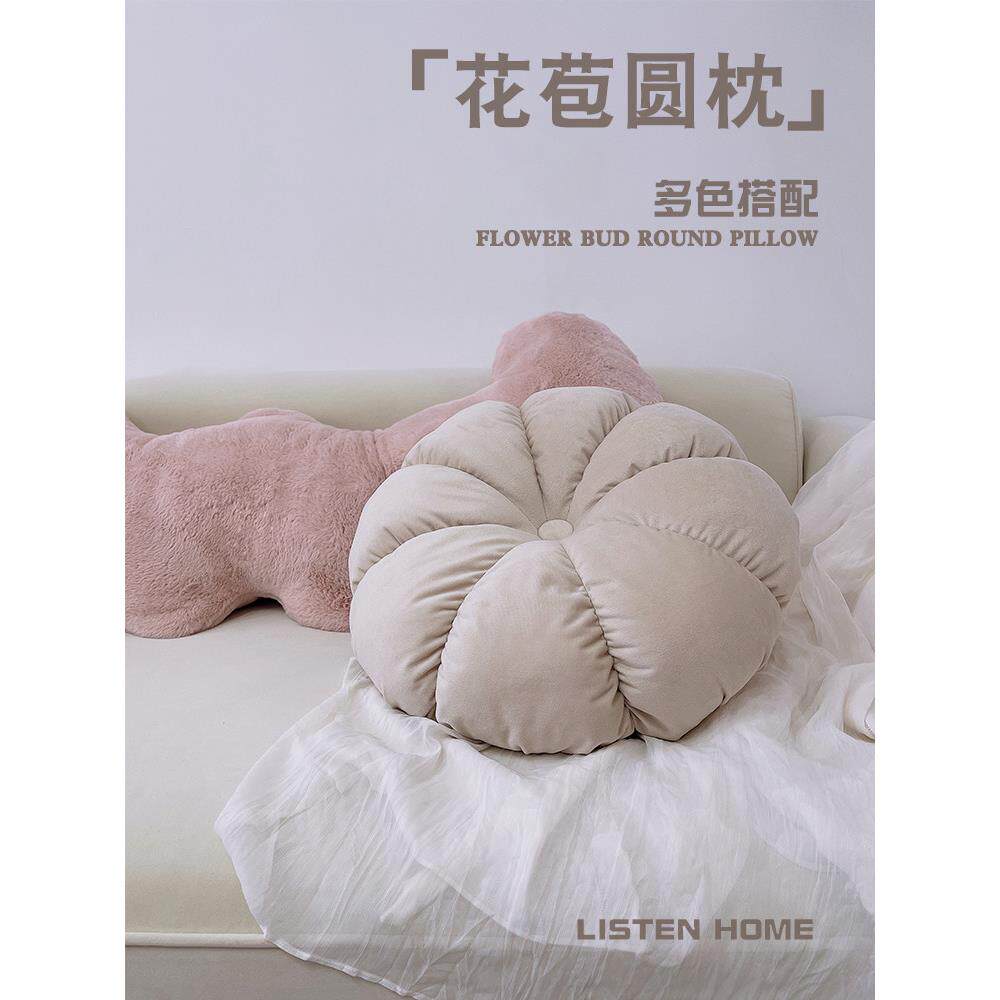 北欧简约圆形沙发靠枕可爱纯色南瓜靠垫复古客厅家居丝绒沙发抱枕