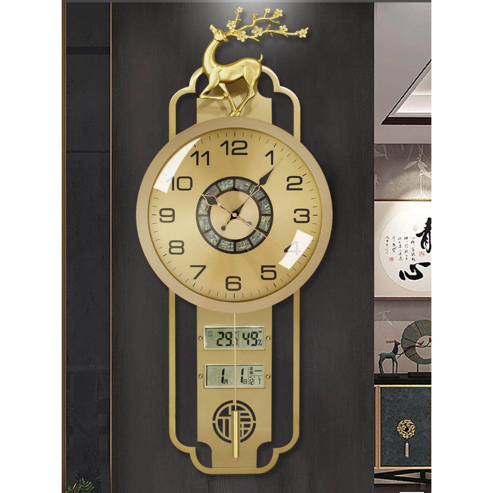 新款黄铜客厅家用静音挂钟进口机芯带万年历挂表电波钟高档石英钟