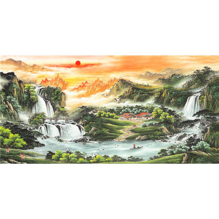 四尺横幅 国画 精品山水【风景如画】未装裱 印刷品装饰画(T)