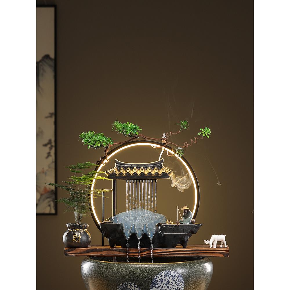 灯圈陶瓷自动循环水鱼缸流水增氧过滤器摆件鱼盆喷泉室内家用造景
