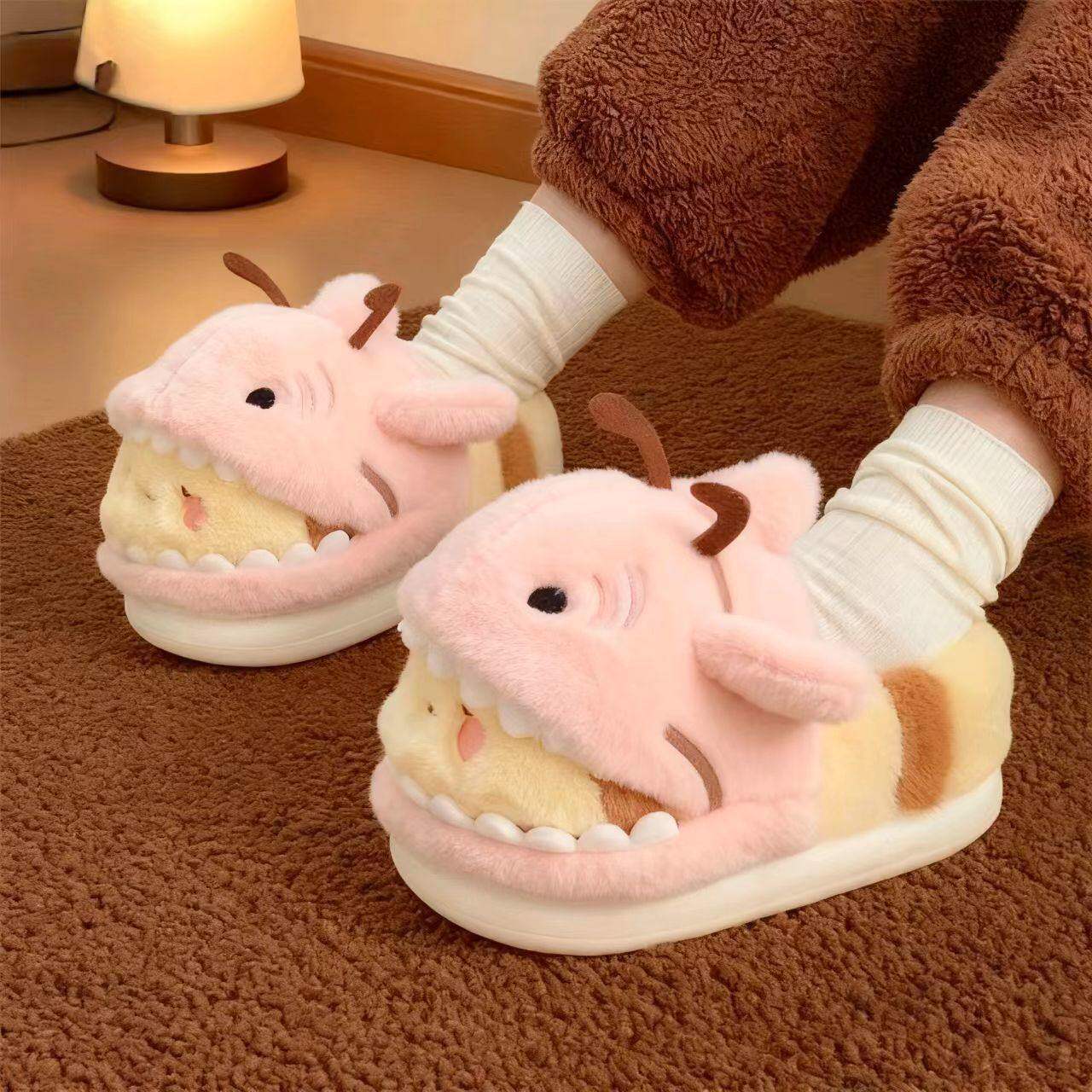 情侣冬季居家棉拖鞋趣味鲨bee可爱鲨鱼蜜蜂男女士防滑包跟毛毛鞋