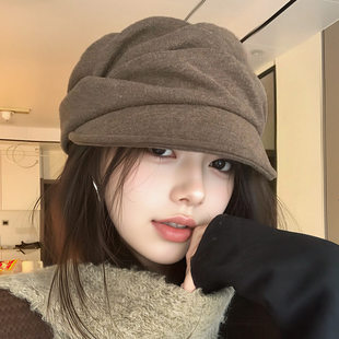 日系褶皱山本风秋冬鸭舌帽女适合拍照方圆脸显脸小贝雷帽子超好看