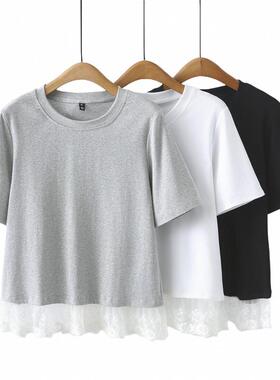 2025夏季大码女上衣胖MM甜美风纯色花边拼接百搭短袖T恤宽松2507