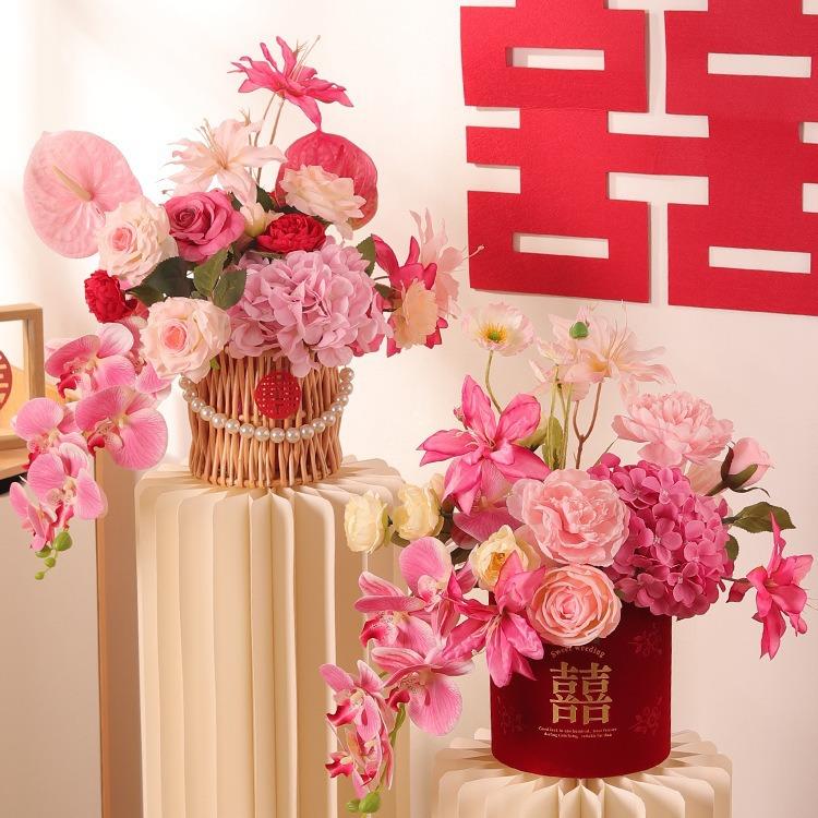 婚房摆件仿真花新房客厅床头装饰花婚礼布置结婚用品插花抱抱桶