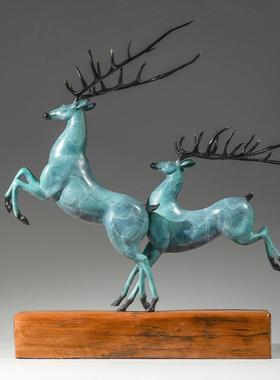 铜金岁月超越双鹿黄铜鹿摆件奔跑小鹿彩铜工艺品摆件家居玄关装饰