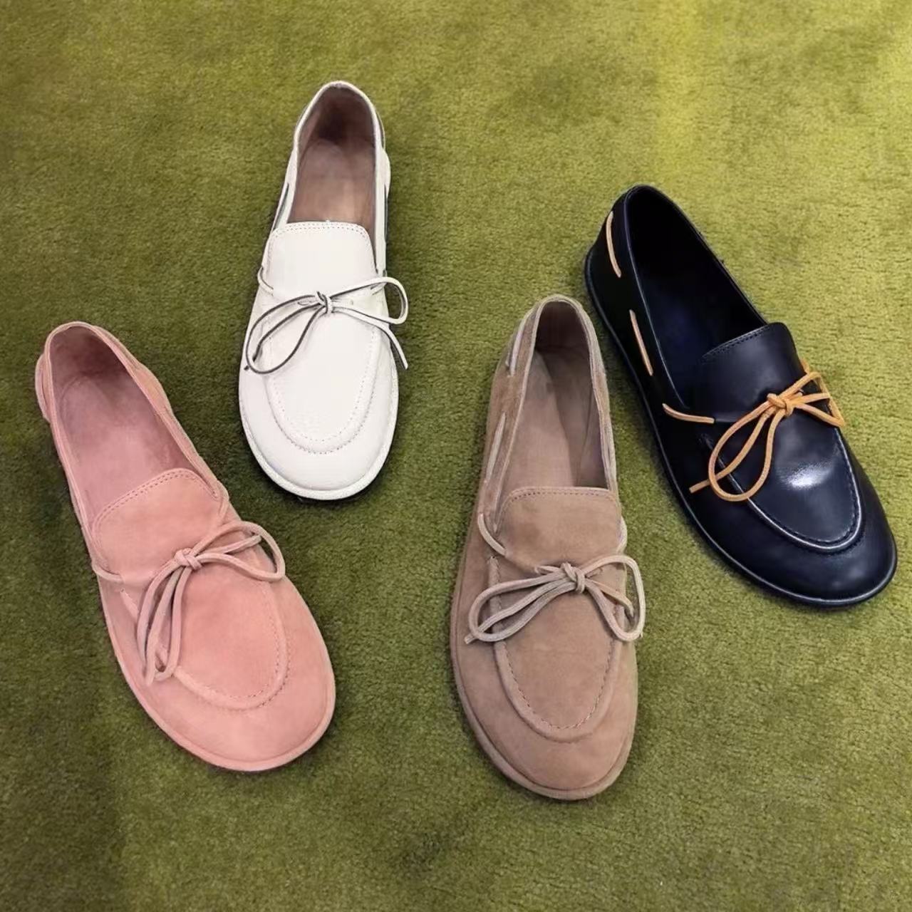 2025新款真皮白色乐福鞋麂皮头层牛皮圆头平底鞋一脚蹬休闲单鞋女