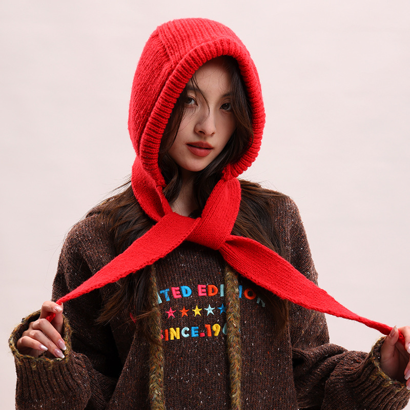 护耳针织帽拉法帽子女生秋冬防寒绑带护耳帽子纯色厚款保暖套头帽