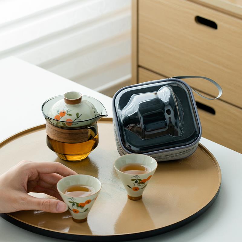 纯手绘子旅行茶具办家用随行柿一壶杯公室快NHL客杯二手抓壶