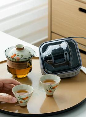 纯手绘子旅行茶具办家用随行柿一壶杯公室快NHL客杯二手抓壶