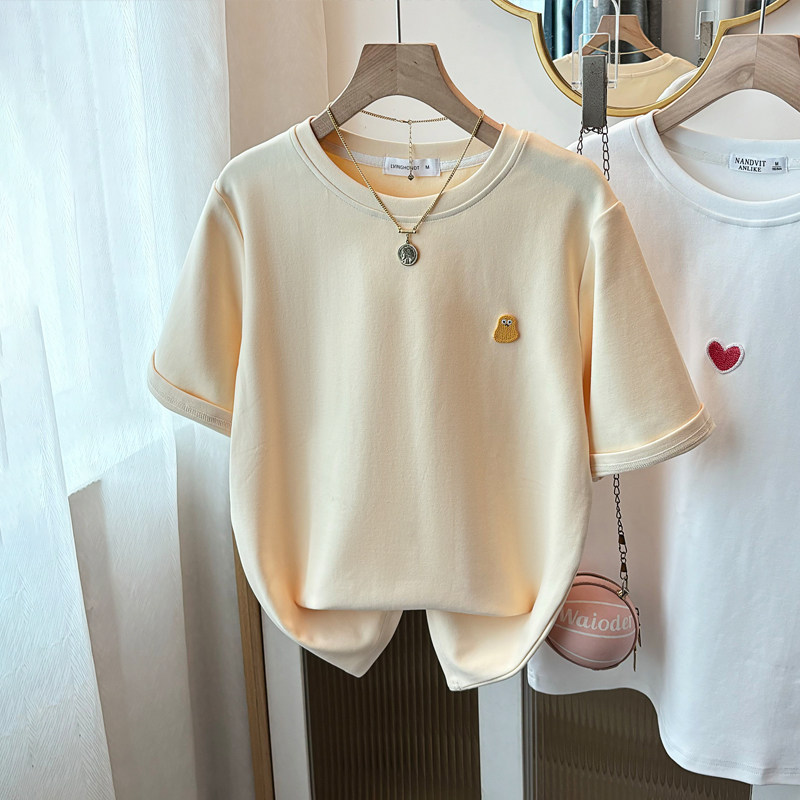 2025新款秋冬杏色加厚磨毛T恤女短袖宽松上衣女圆领重磅磨毛T恤女