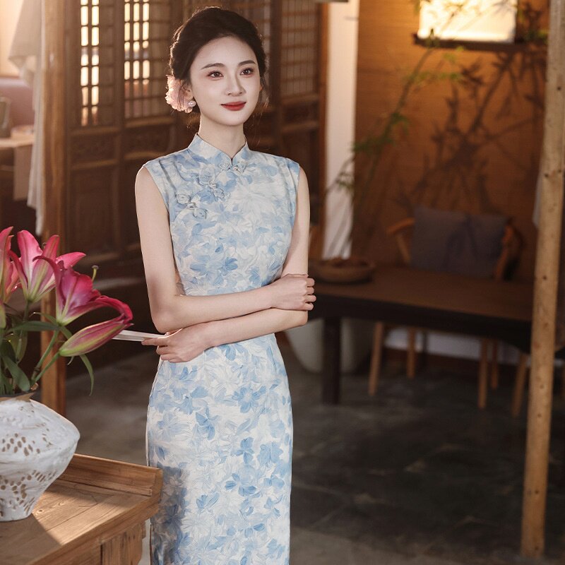 2026新款春夏旗袍新中式国风水墨画晕染旗袍天丝麻无袖修身女旗袍