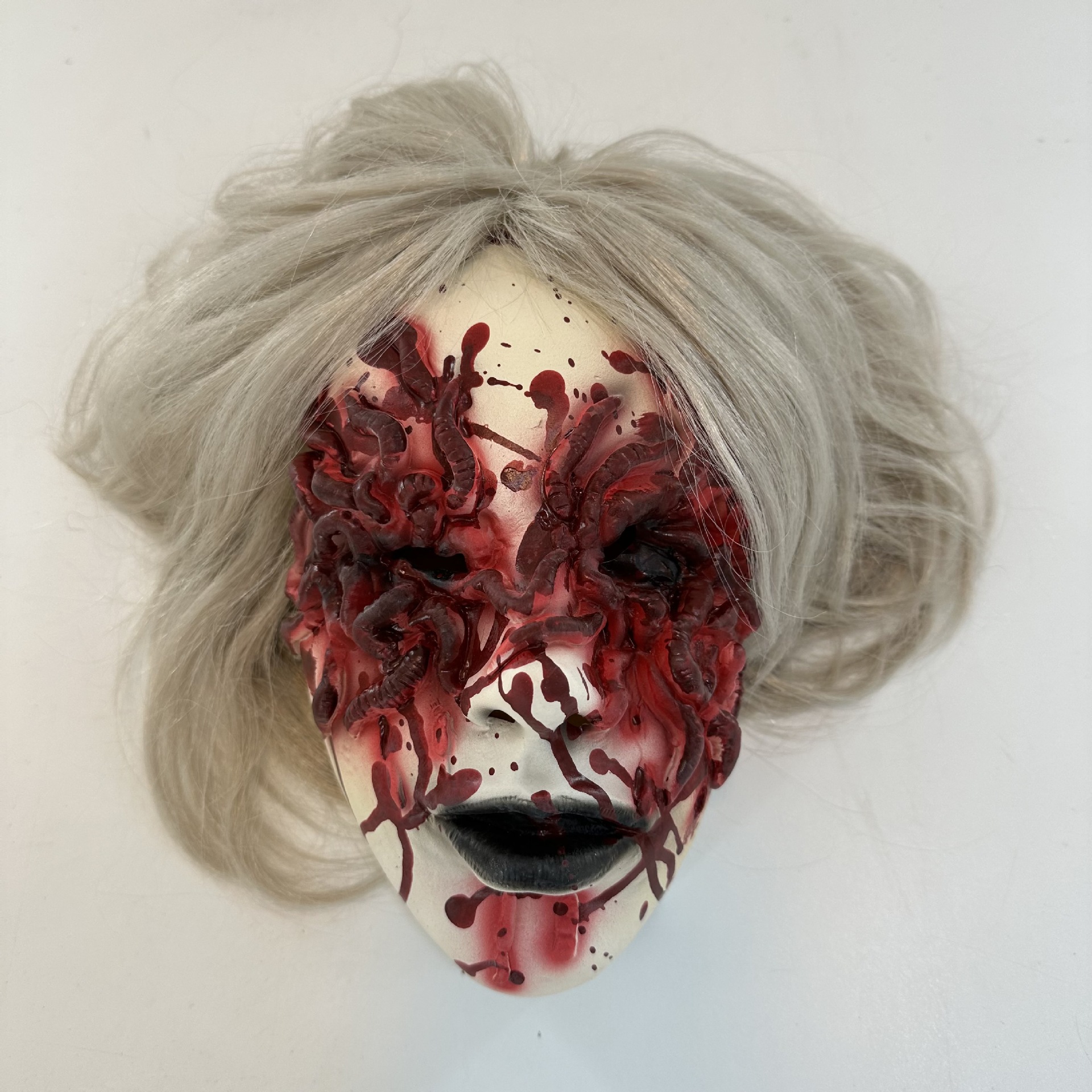 2025新款万圣节恐怖咒怨魔女面具吓人道具白发女鬼老奶奶僵尸