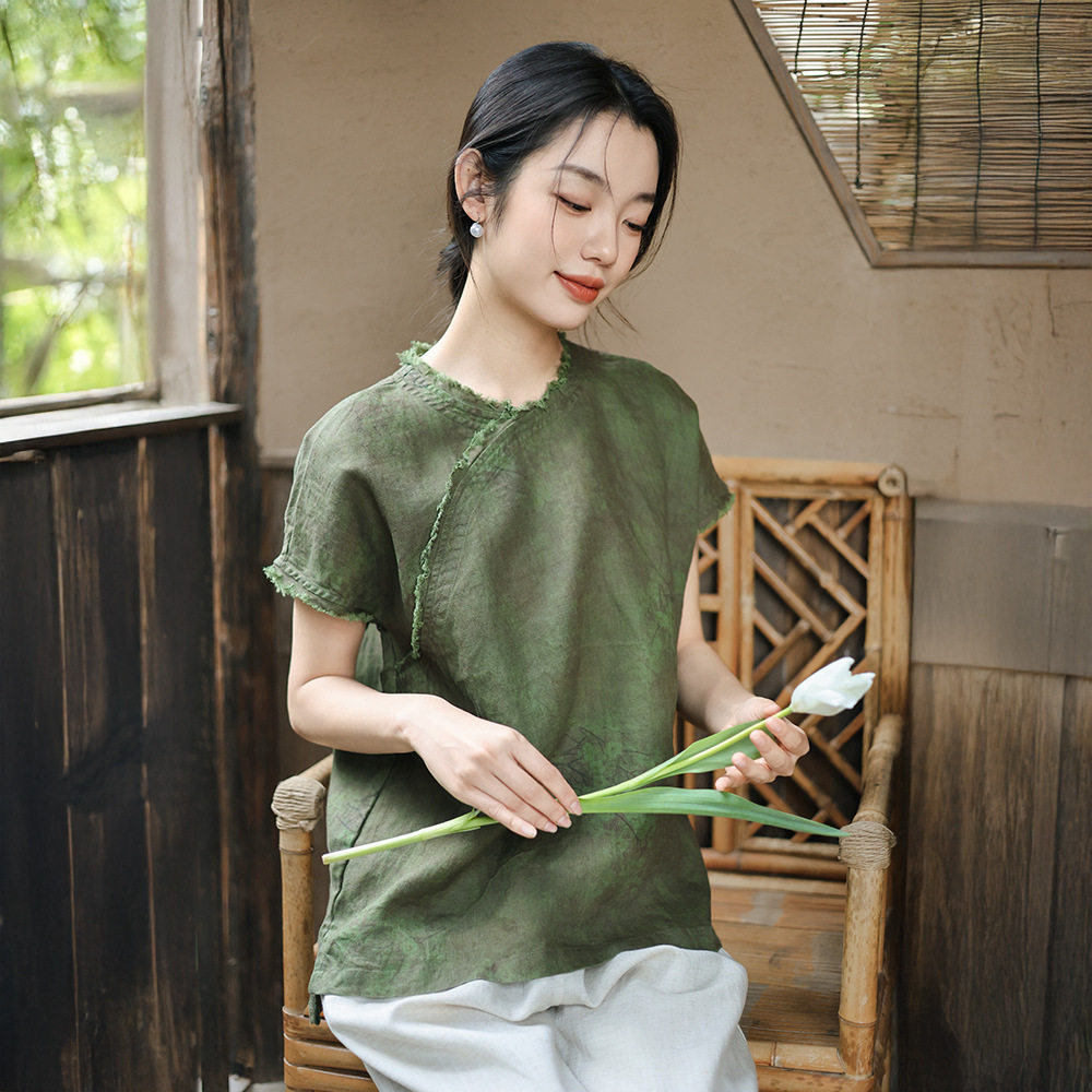 2026新款新中式女装夏季复古亚麻印花短袖上衣女设计感毛边国风T